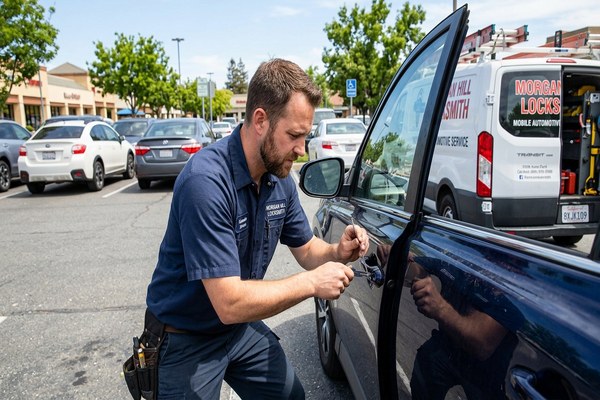 Auto locksmith with key programming device in Morgan Hill parking lot