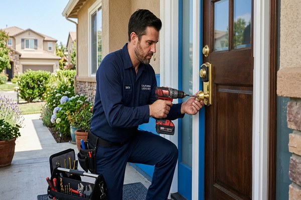 Residential locksmith rekeying deadbolt at Morgan Hill home